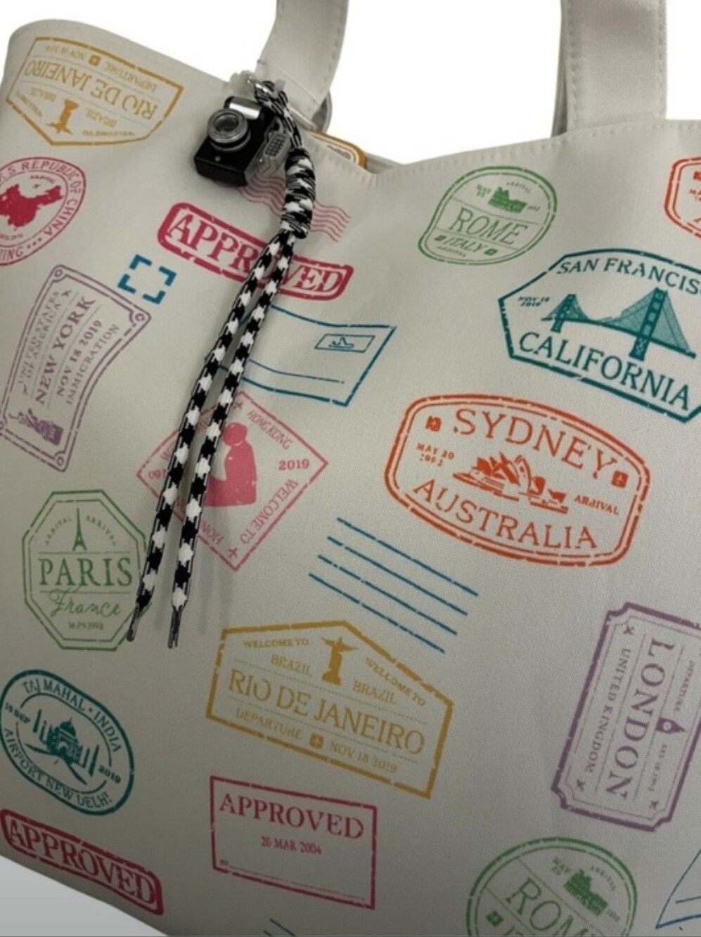 Travel Passport Stamp Print Canvas Tote Bag & Camera Bag Charm 📸 - Picture 2 of 5